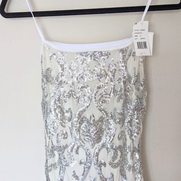 NEW AQUA White Silver Sequined Embellished Strapless Maxi Gown Dress #A20590 - Picture 4 of 8